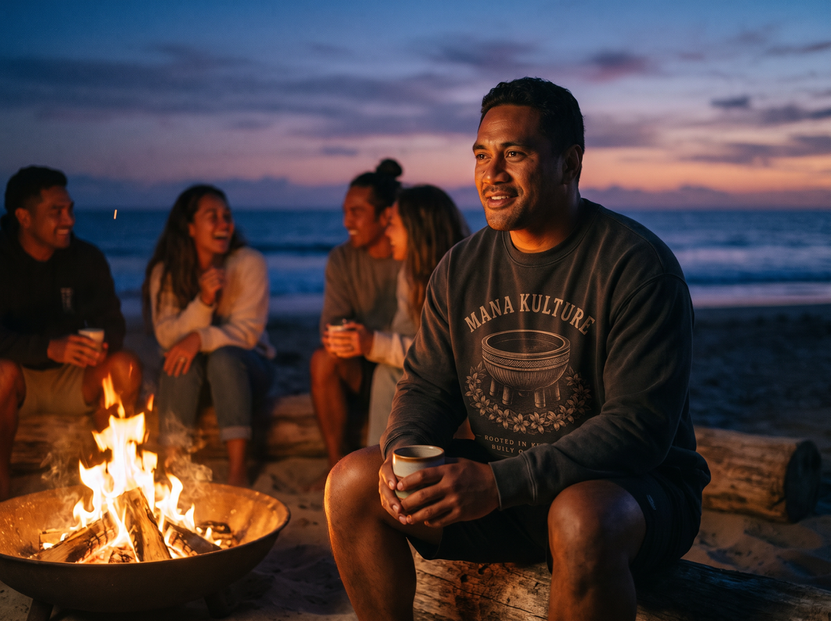 Mana Kulture lifestyle image of friends gathered around a beach fire at sunset